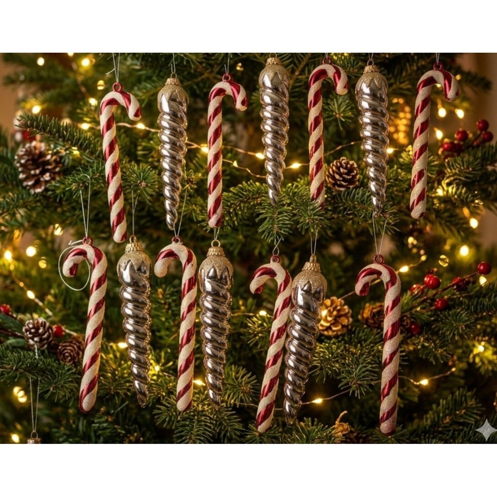 13pc Christmas Ornament Set Red White Candy Canes Silver Gold Glitter Icicles